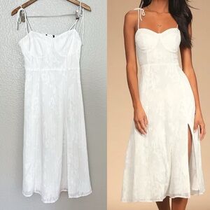 Loveliest Looks White Floral Jacquard Tie-Strap Midi Dress